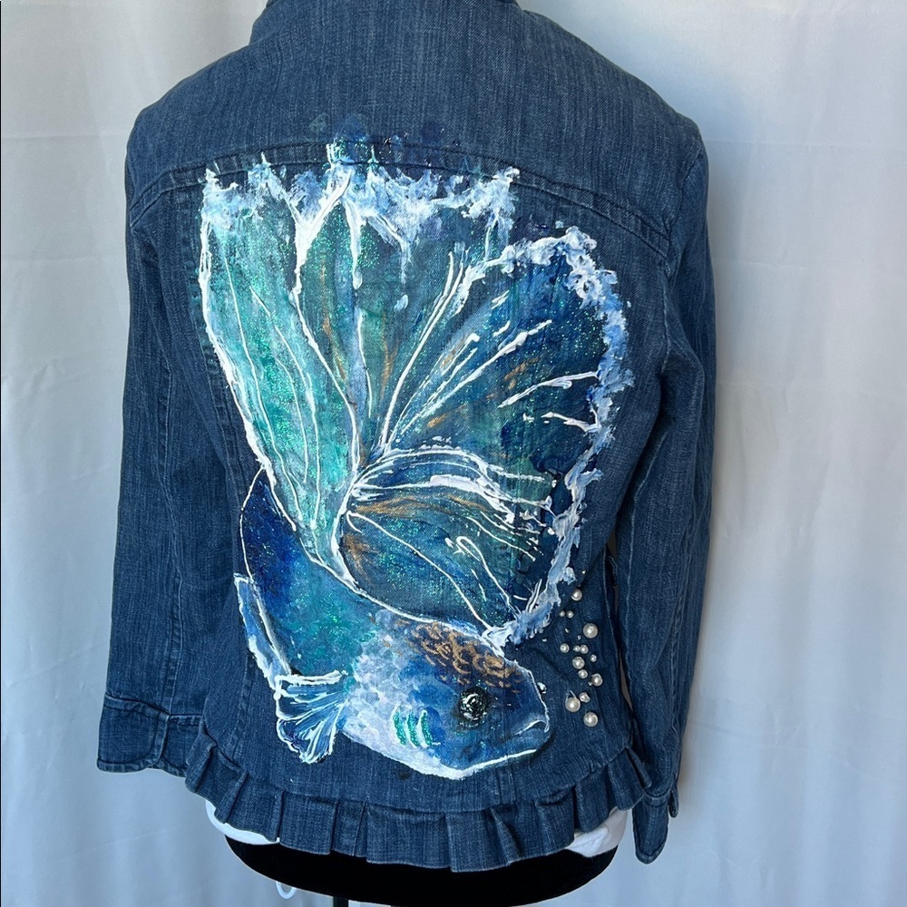 Upcycled Live a Little "LAL" Denim Ruffle Trim Jacket with Hand Painted Fish